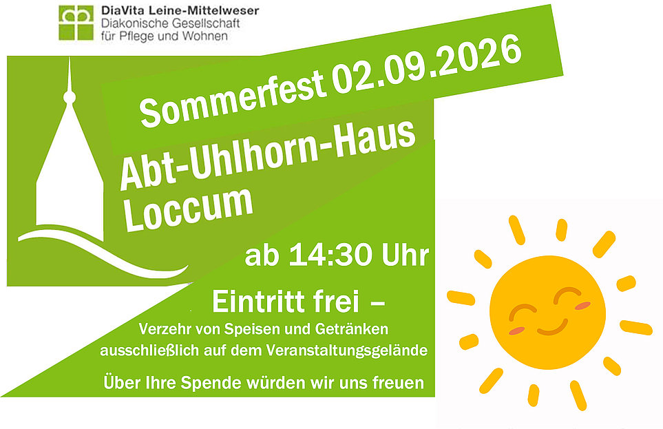 Plakat: Sommerfest 02.09.2026 im Abt‑Ulhorn‑Haus Loccum, ab 14:30 Uhr, Eintritt frei – grünes Design mit lächelnder Sonne.